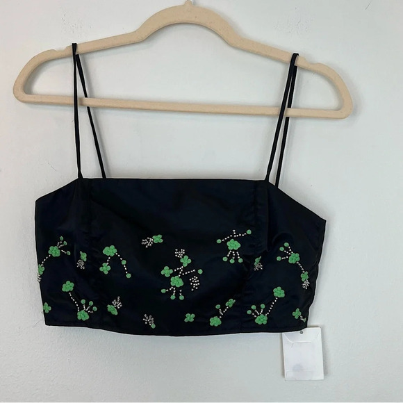 Ganni Floral Embroidery Beaded Crop Tank Black Green 2 Fancy Cocktail Glam Party - Picture 2 of 10